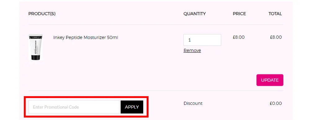 Screenshot showing where to apply a Beauty Outlet code at checkout on beautyoutlet.co.uk.