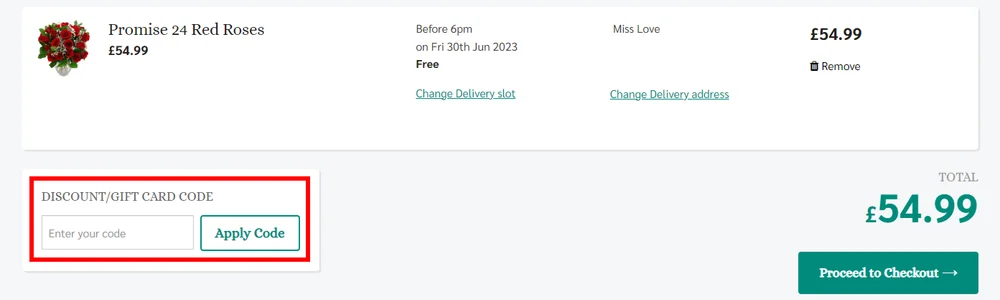 Screenshot showing where to apply a Clare Florist promo code during checkout on www.clareflorist.co.uk.