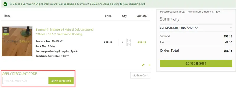 Screenshot showing where to apply a Flooring365 promo code during checkout on flooring365.co.uk.