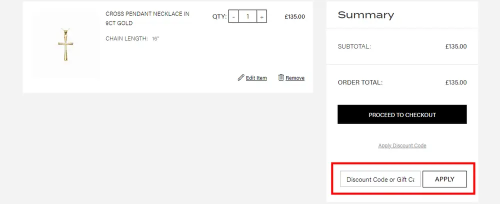 Screenshot showing where to apply a Gold Boutique promo code at checkout on www.goldboutique.com