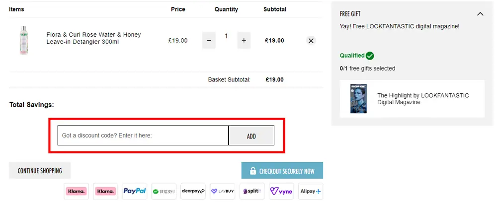 Screenshot of where to enter a HQhair discount code on hqhair.com