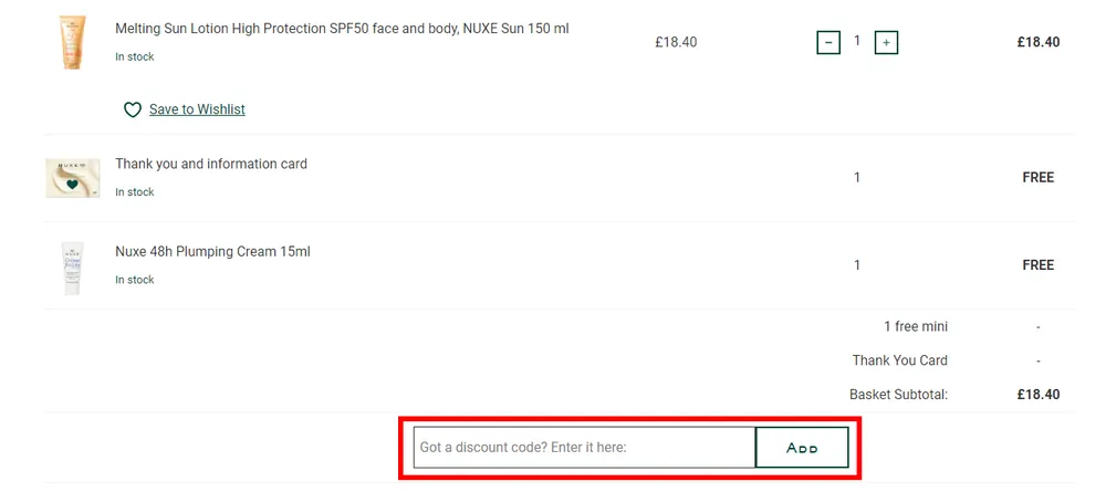 Screenshot of where to enter a NUXE voucher code on uk.nuxe.com