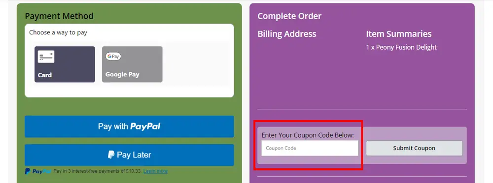 Screenshot of how to use a Prestige Flowers voucher code on www.prestigeflowers.co.uk