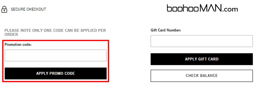 Screenshot showing where to apply a boohooMAN promo code during checkout on www.boohooman.com.