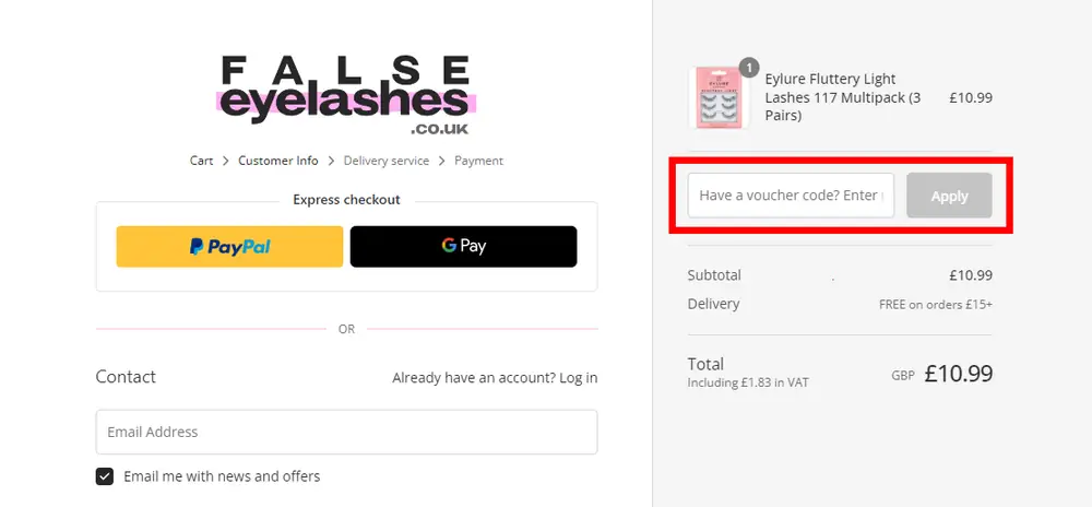 Screenshot showing where to apply a FalseEyelashes promo code during checkout on www.falseeyelashes.co.uk.