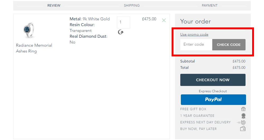 Screenshot showing where to apply a Inscripture promo code at checkout on www.inscripture.com