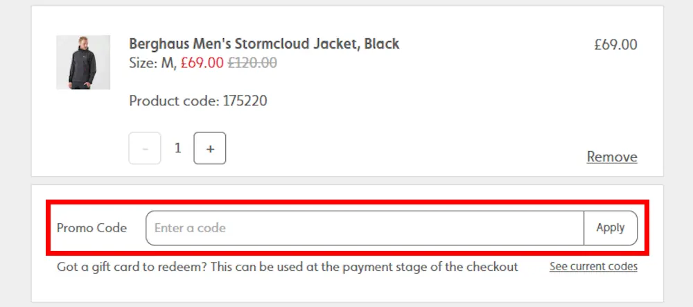 Screenshot showing where to apply a Millets promo code during checkout on www.millets.co.uk.