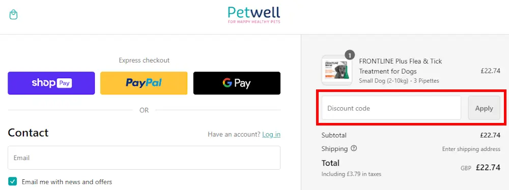 Screenshot showing where to apply a Petwell promo code during checkout on petwell.co.uk.