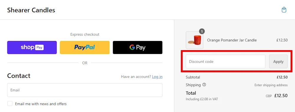 Screenshot showing where to apply a Shearer Candles discount code during checkout on www.shearer-candles.com.