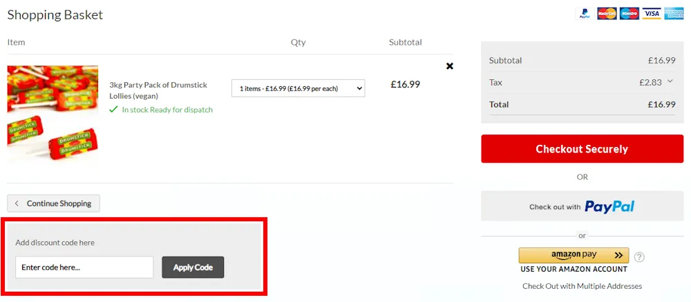 Screenshot showing where to apply a Swizzels code on www.swizzels.com