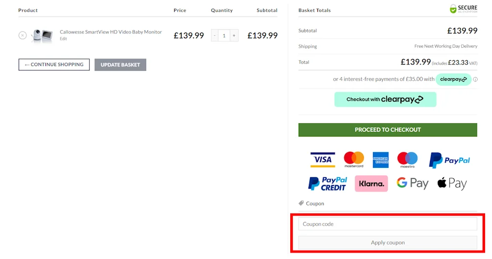 Screenshot of where to enter a Baby Monitors Direct voucher code on www.babymonitorsdirect.co.uk