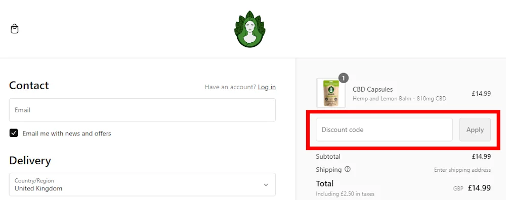 Screenshot showing where to apply a Body and Mind Botanicals promo code during checkout on bodyandmindbotanicals.com.