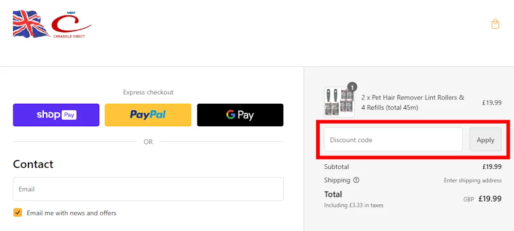 Screenshot showing where to apply a Caraselle Direct discount code during checkout on www.caraselle.com.
