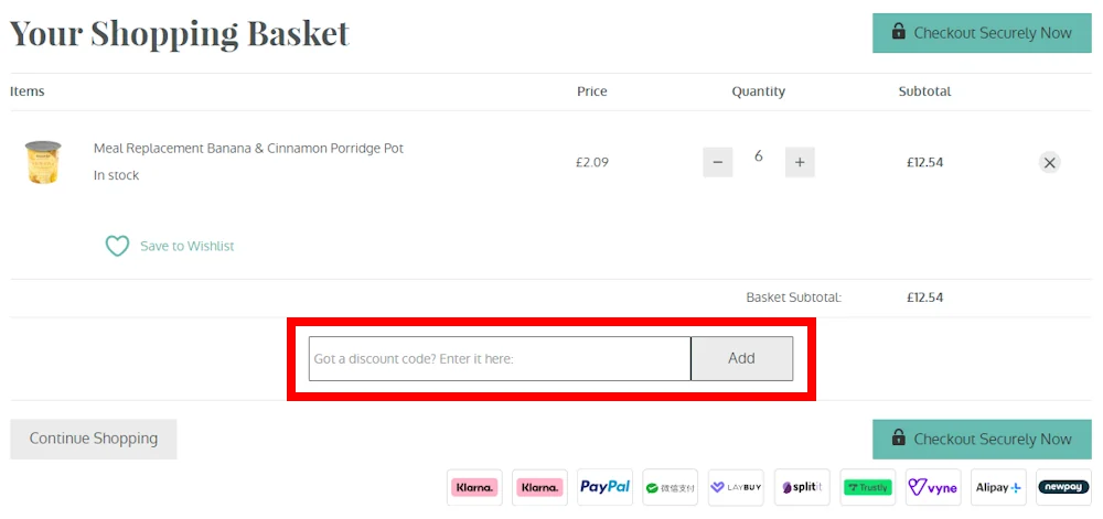 Screenshot showing where to apply a Exante Diet discount code during checkout on www.exantediet.com.