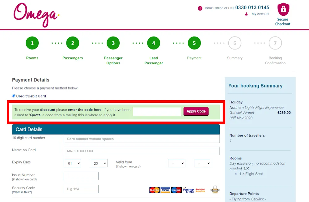 Screenshot showing where to apply a Omega Breaks promo code during checkout on www.omegabreaks.com.