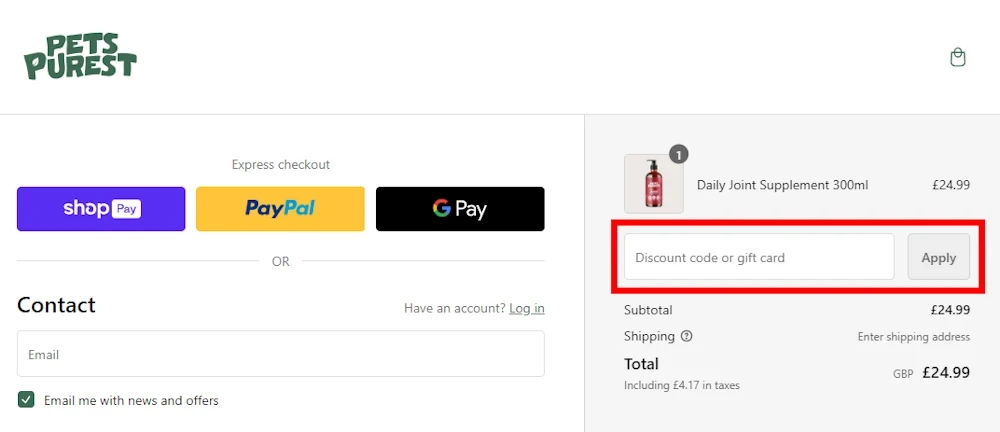 Image of how to enter a Pets Purest voucher code at www.petspurest.com