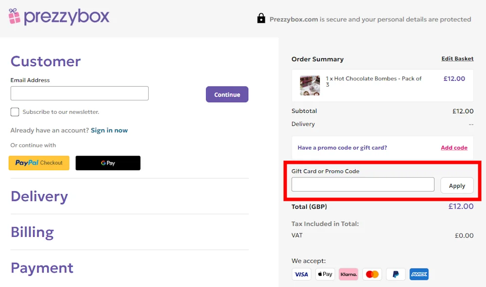 Screenshot showing where to apply a Prezzybox discount code during checkout on prezzybox.com.