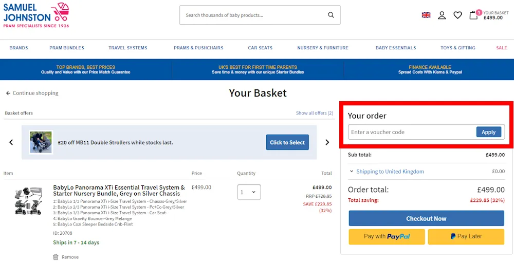 Screenshot showing where to apply a Samuel Johnston code on www.samueljohnston.com