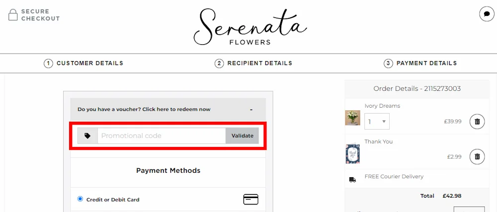 Screenshot showing where to apply a Serenata Flowers promo code during checkout on www.serenataflowers.com