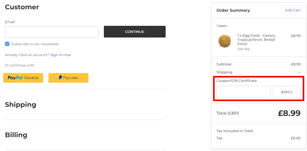 Screenshot showing where to apply a Parrot Essentials promo code during checkout on parrotessentials.co.uk.