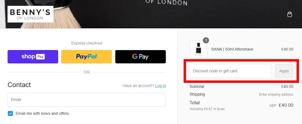 Screenshot showing where to apply a Bennys of London promo code during checkout on www.bennysoflondon.com.