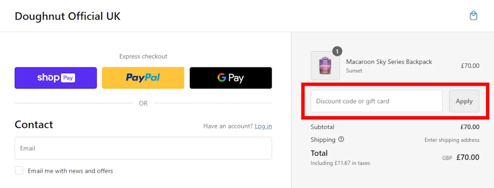 Screenshot showing where to apply a Doughnut promo code during checkout on doughnutofficial.co.uk.