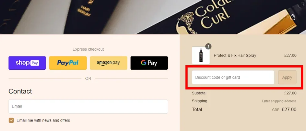 Screenshot showing where to apply a Golden Curl promo code during checkout on www.golden-curl.com.