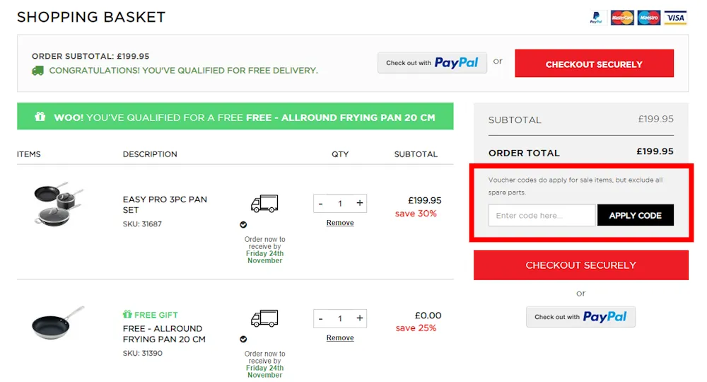 Screenshot showing where to apply a Kuhn Rikon promo code during checkout on www.kuhnrikon.co.uk.