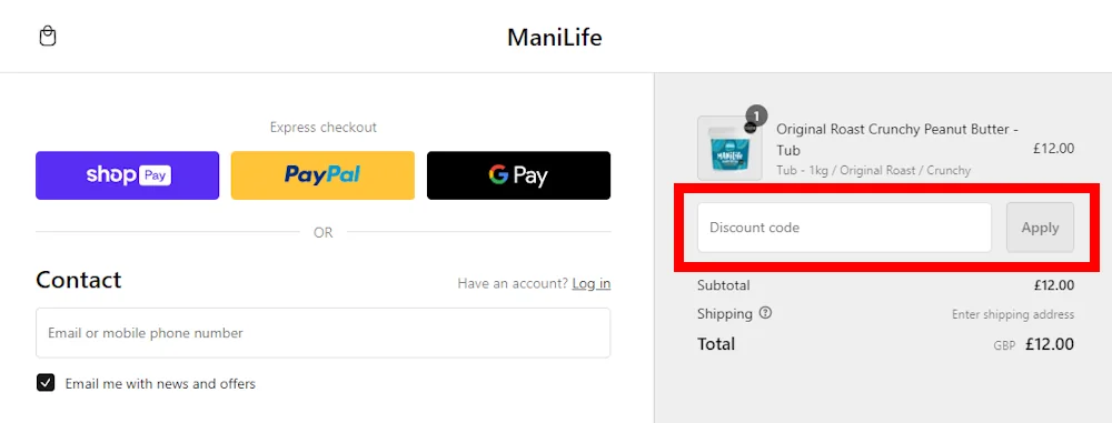 Screenshot showing where to apply a ManiLife promo code during checkout on mani-life.com.