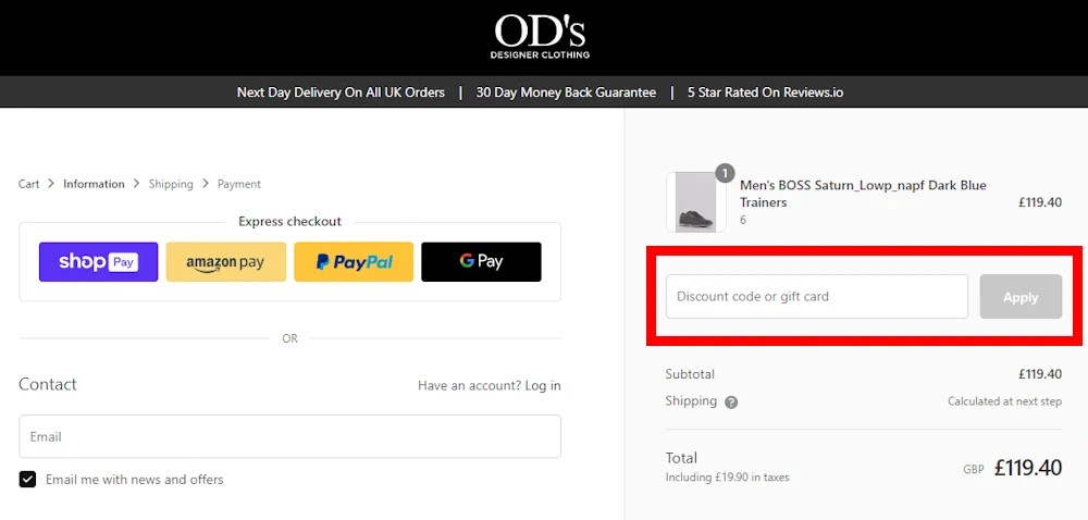 Screenshot showing where to apply a OD’s Designer Clothing promo code during checkout on www.odsdesignerclothing.com.