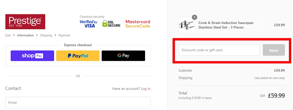 Screenshot showing where to apply a Prestige promo code during checkout on www.prestige.co.uk.