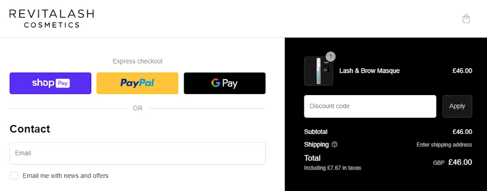 Screenshot of where to enter a RevitaLash voucher code on www.revitalash.co.uk