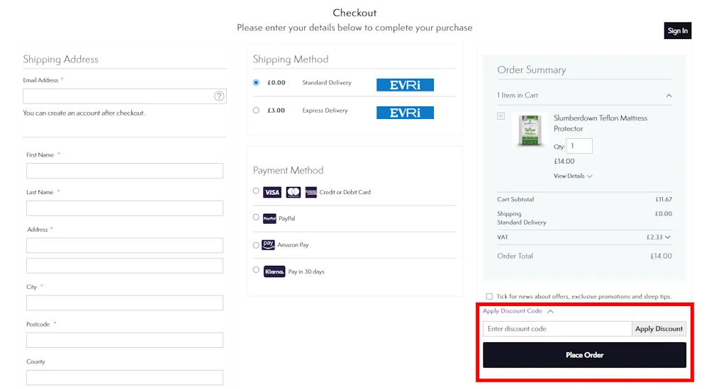 Instructions on how to enter a Sleepseeker voucher code at checkout on sleepseeker.co.uk/