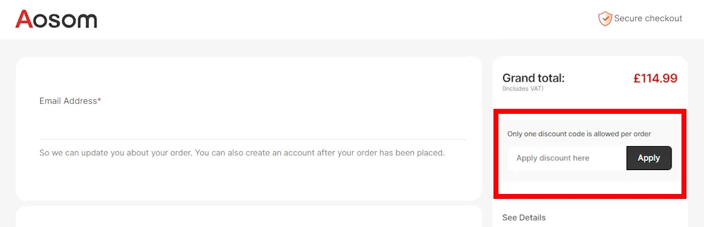 Screenshot showing where to apply a Aosom promo code during checkout on www.aosom.co.uk