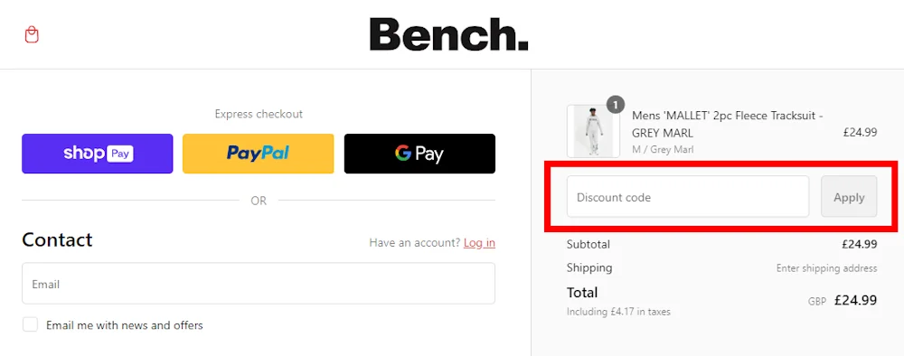 Screenshot showing where to apply a Bench promo code during checkout on bench.co.uk.