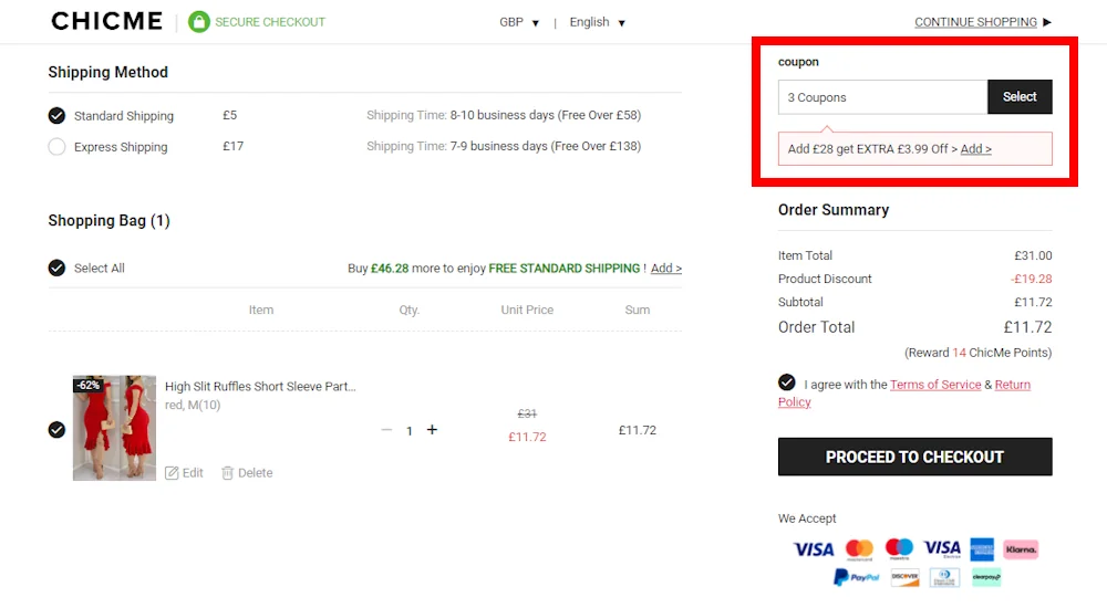 Screenshot showing where to apply a ChicMe promo code during checkout on www.chicme.com.