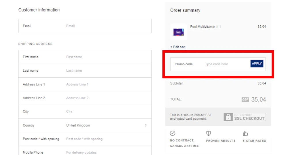 Screenshot showing where to apply a Feel promo code during checkout on wearefeel.com.
