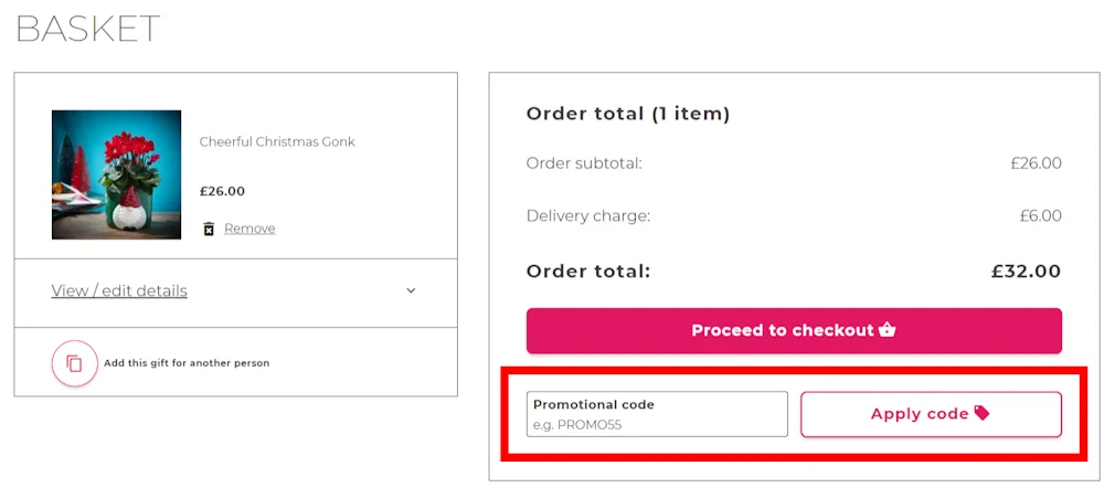 Screenshot showing where to apply a Flying Flowers promo code during checkout on www.flyingflowers.co.uk.