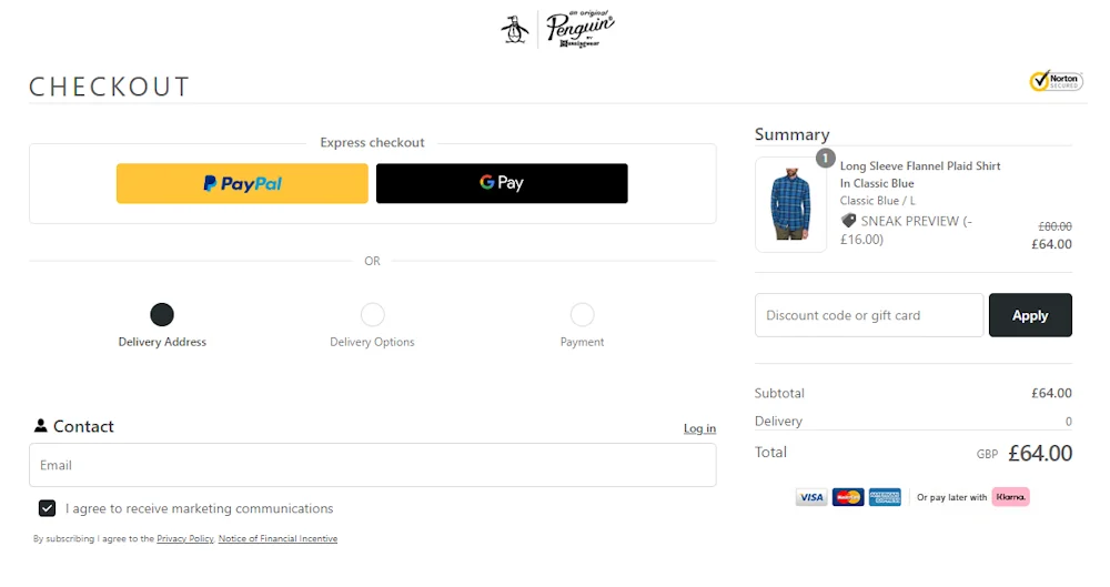 Screenshot showing where to apply a Original Penguin promo code during checkout on www.originalpenguin.co.uk.
