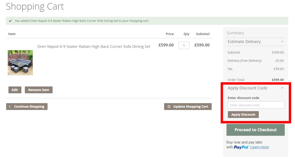 Screenshot showing where to apply a Rattan Garden Furniture promo code during checkout on www.rattangardenfurniture.co.uk.