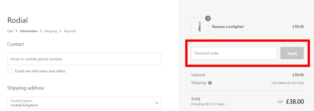 Screenshot showing where to apply a Rodial code at checkout on rodial.com