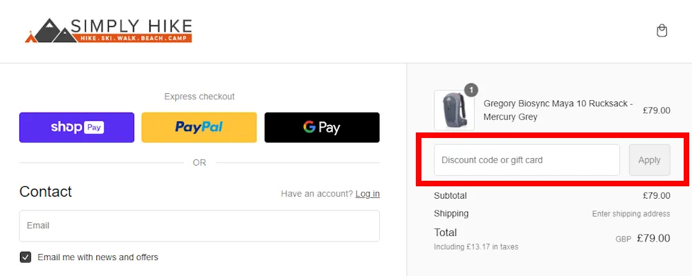 Screenshot showing where to apply a Simply Hike promo code at checkout on www.simplyhike.co.uk