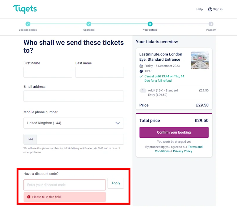 Screenshot showing where to apply a Tiqets promo code at checkout on www.tiqets.com.