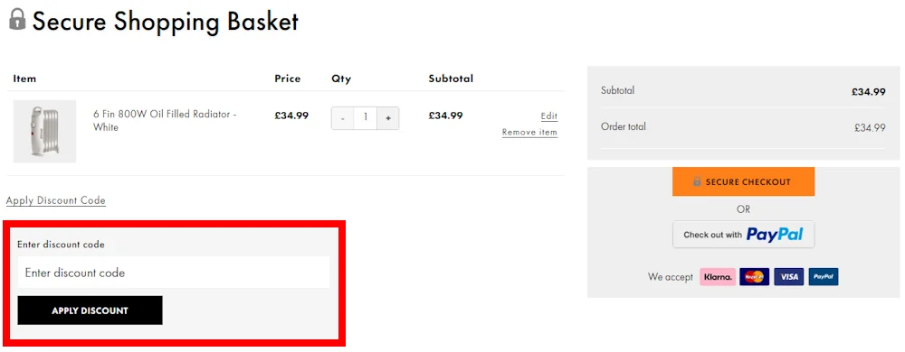 Screenshot showing where to add your VonHaus code on www.vonhaus.com.