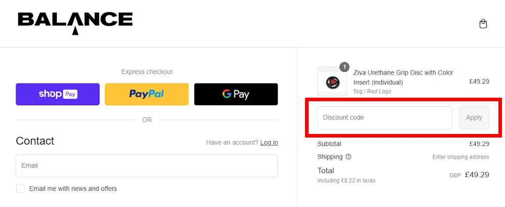 Screenshot showing where to apply a Balance Leisure code at checkout on www.balancefitout.com