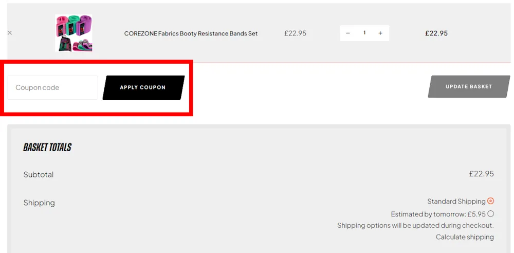 Screenshot showing where to apply a COREZONE promo code during checkout on corezonesports.co.uk.