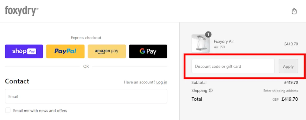 Screenshot showing where to apply a Foxydry promo code during checkout on www.foxydry.com.