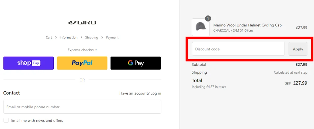 Screenshot showing where to apply a Giro promo code during checkout on uk.giro.com.