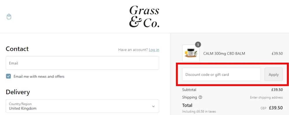 Screenshot of where to enter a Grass & Co voucher code on grassandco.com