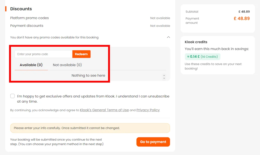 Screenshot showing where to apply a Klook promo code during checkout on www.klook.com.